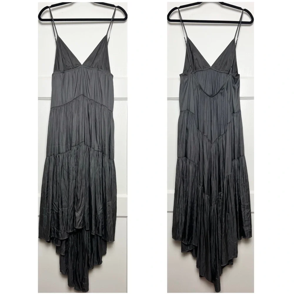 NWT L’AGENCE‎ 90s Satin Empire Waist Sleeveless Pleat Tiered Ruffle Midi Dress S